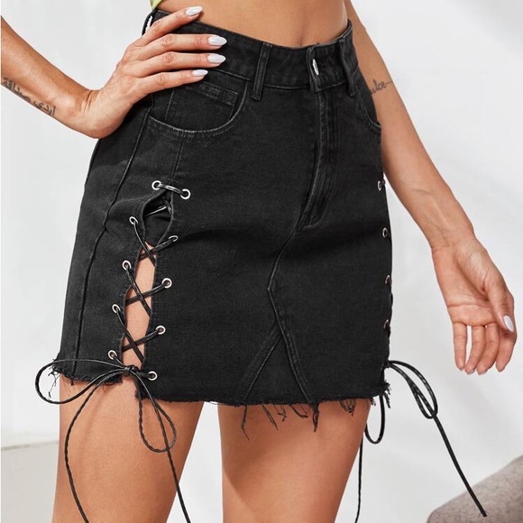 Lace Up Black Denim Skirt, S= US 4 - Picture 4 of 14